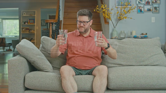 Man on Couch Holding Two Glasses of Water Trying to Decide Which One to Drink