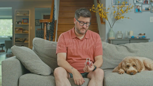 Man on Couch Explains Combination Lock to His Dog